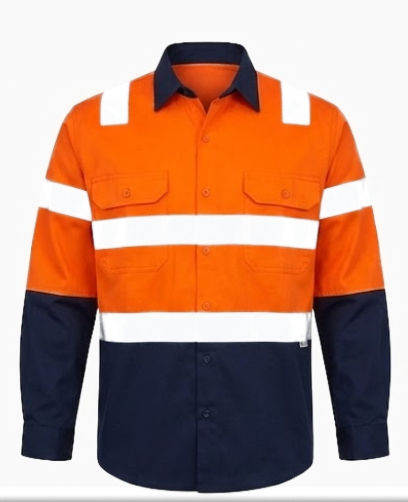 TAPED HI VIS L/S DRILL SHIRT J0078 in Orange/Navy and Yellow/Navy